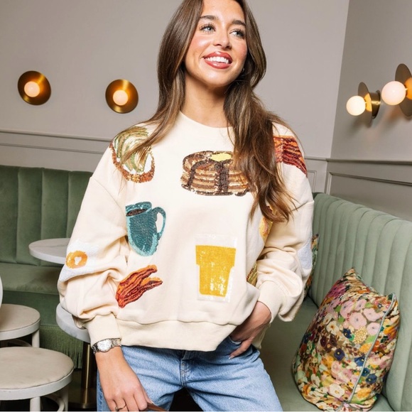 🥞🥓🍳Queen Of Sparkles S (Oversized) Brunch Sequined Sweatshirt EUC - Picture 6 of 10